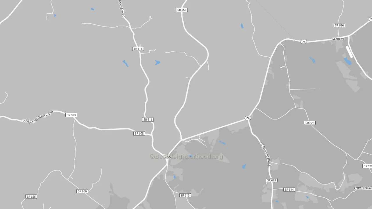 Walk Grade map of Vera, VA, walkable areas in green and car-dependent areas in red