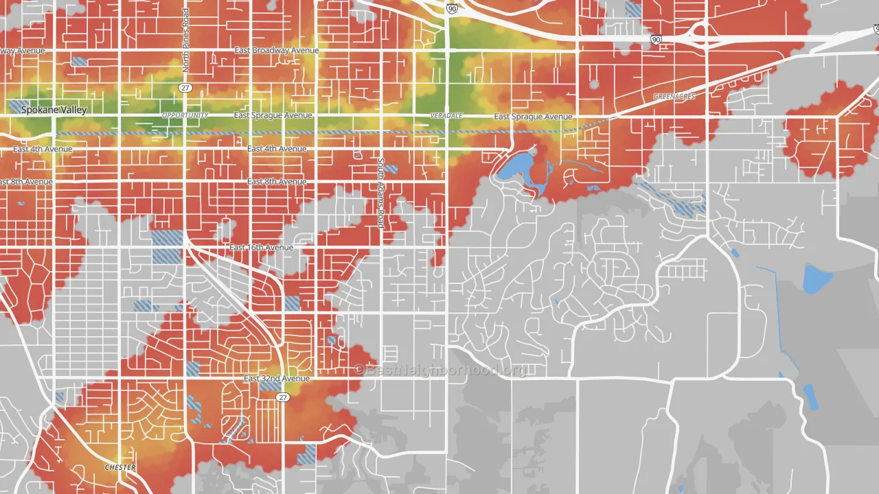 Walk Grade map of Veradale, WA, walkable areas in green and car-dependent areas in red