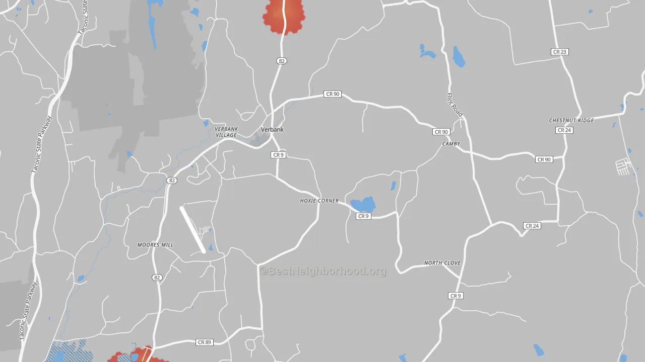 Walk Grade map of Verbank, NY, walkable areas in green and car-dependent areas in red
