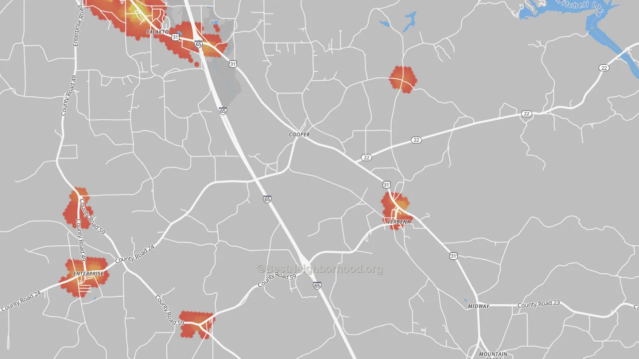 Walk Grade map of Verbena, AL, walkable areas in green and car-dependent areas in red
