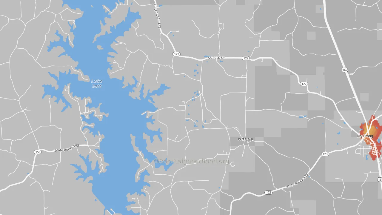 Walk Grade map of Verda, LA, walkable areas in green and car-dependent areas in red