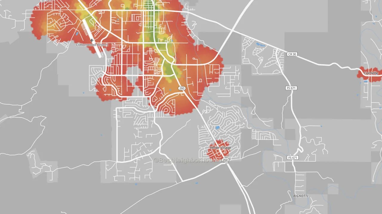 Walk Grade map of Verde Village, AZ, walkable areas in green and car-dependent areas in red