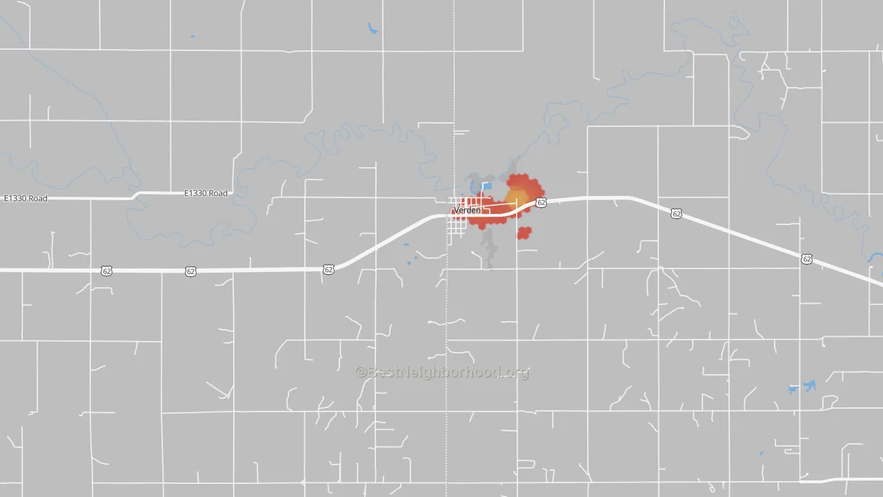 Walk Grade map of Verden, OK, walkable areas in green and car-dependent areas in red