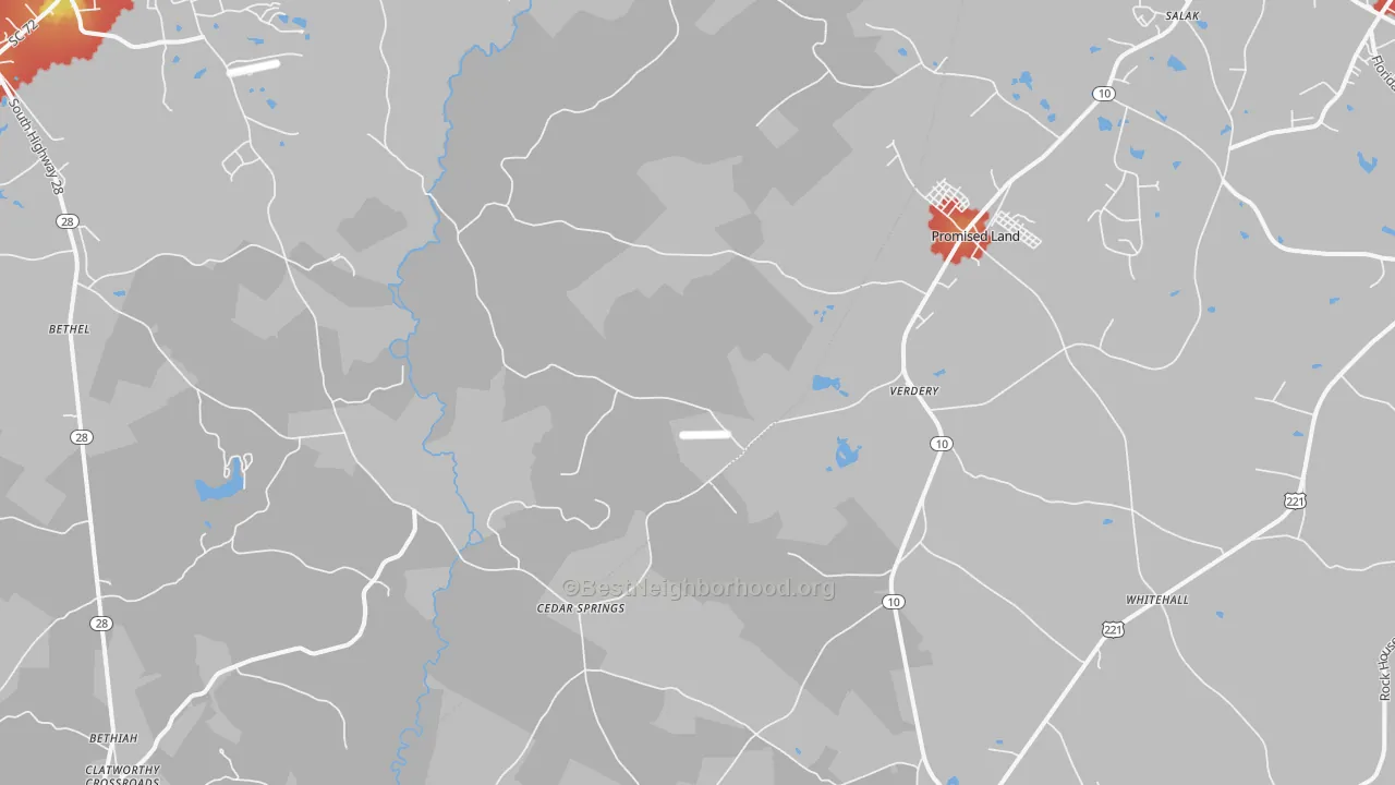 Walk Grade map of Verdery, SC, walkable areas in green and car-dependent areas in red