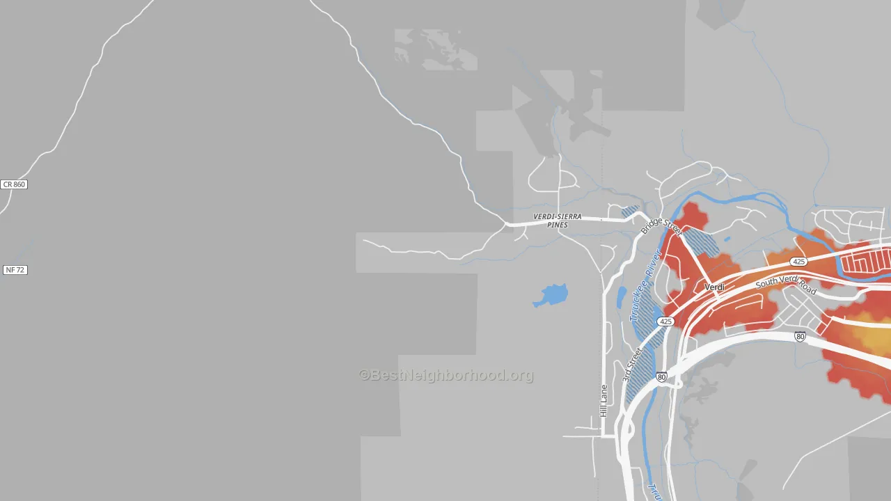 Walk Grade map of Verdi, CA, walkable areas in green and car-dependent areas in red