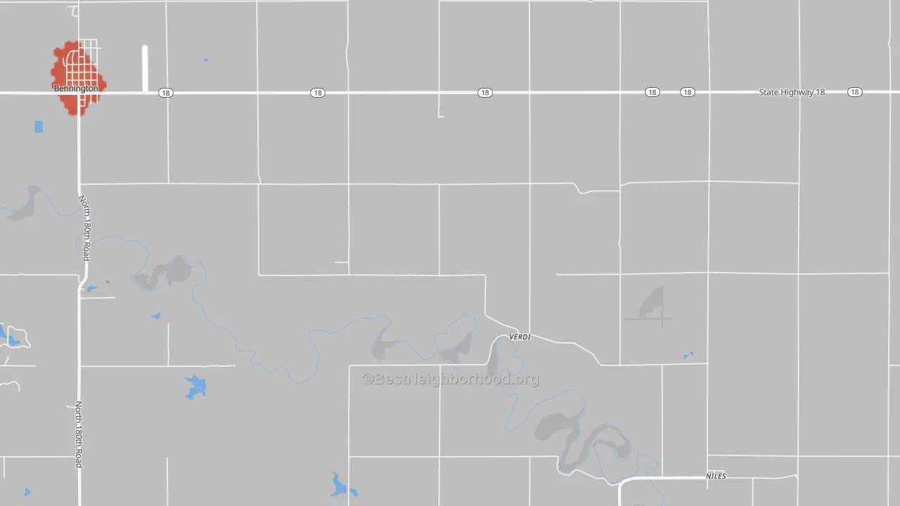 Walk Grade map of Verdi, KS, walkable areas in green and car-dependent areas in red