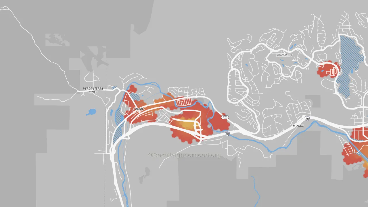 Walk Grade map of Verdi, NV, walkable areas in green and car-dependent areas in red