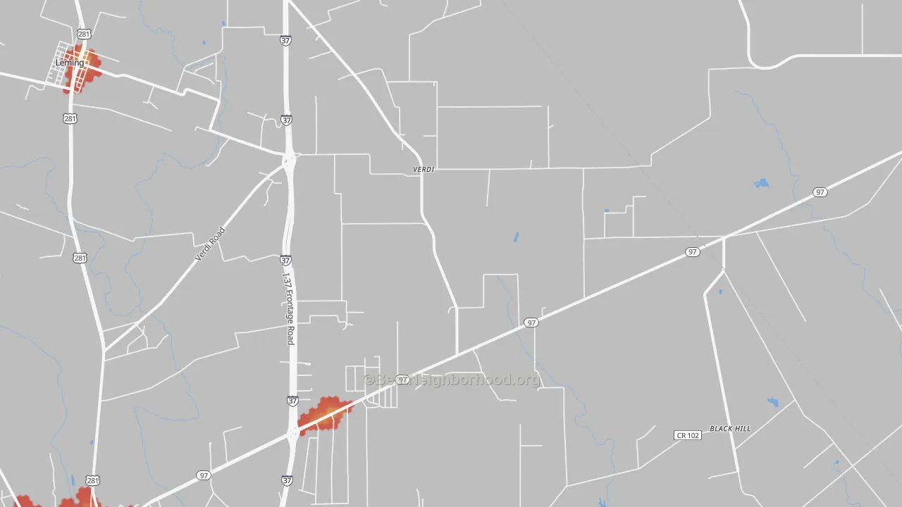 Walk Grade map of Verdi, TX, walkable areas in green and car-dependent areas in red