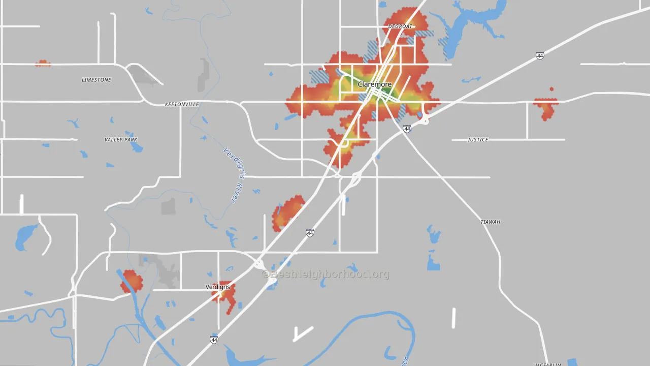 Walk Grade map of Verdigris, OK, walkable areas in green and car-dependent areas in red