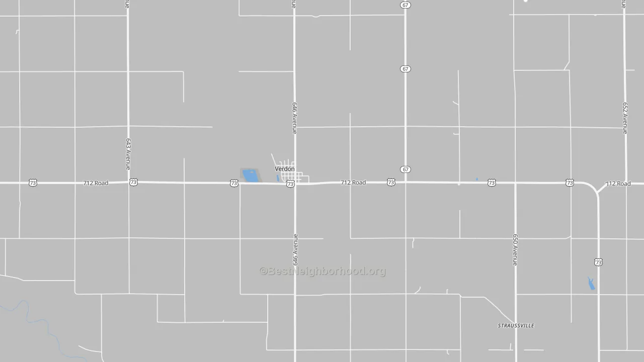 Walk Grade map of Verdon, NE, walkable areas in green and car-dependent areas in red