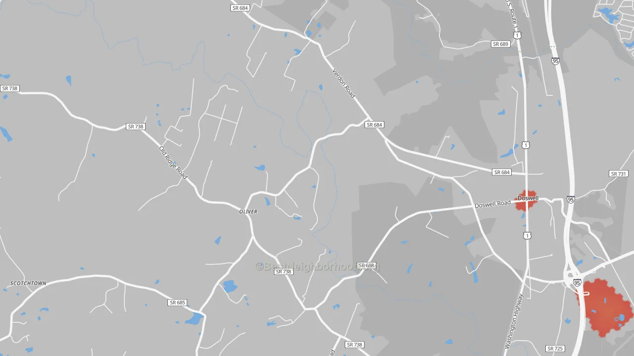 Walk Grade map of Verdon, VA, walkable areas in green and car-dependent areas in red