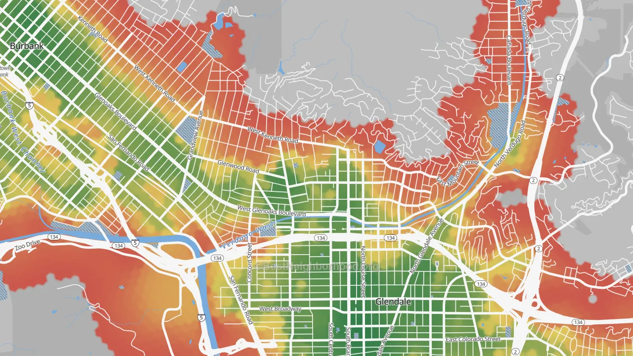 Walk Grade map of Verdugo Viejo, Glendale, CA, walkable areas in green and car-dependent areas in red