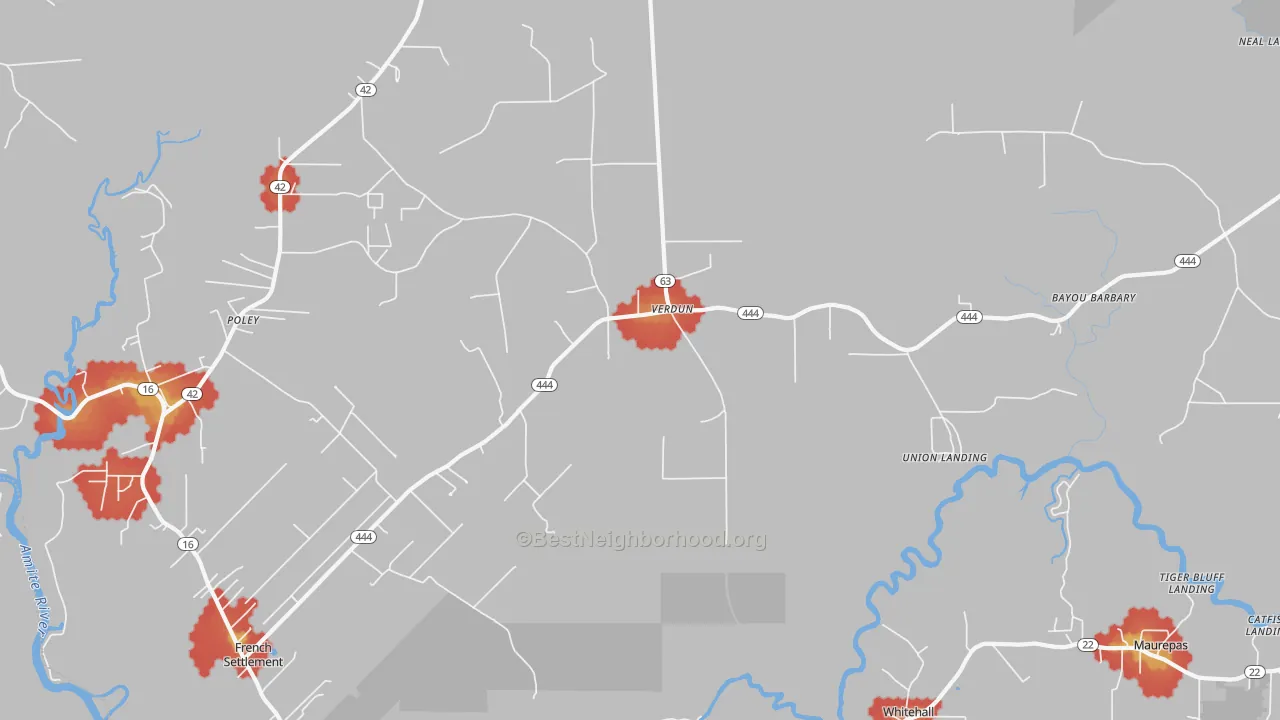Walk Grade map of Verdun, LA, walkable areas in green and car-dependent areas in red