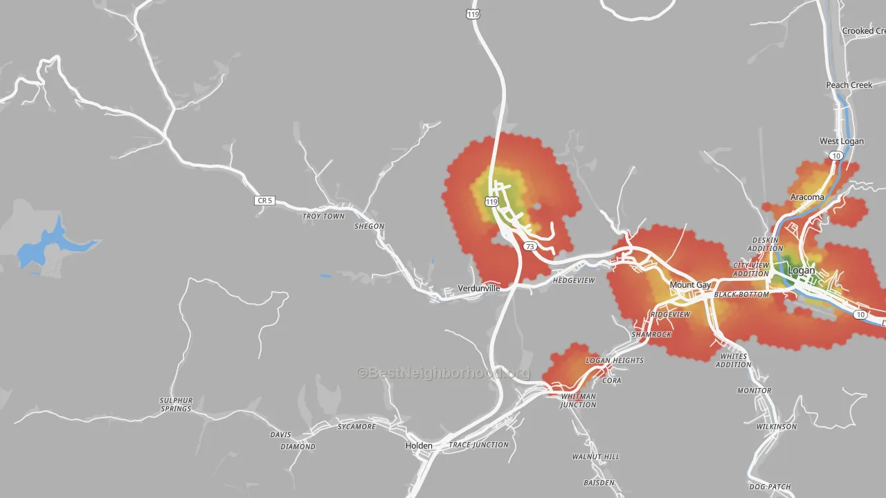 Walk Grade map of Verdunville, WV, walkable areas in green and car-dependent areas in red