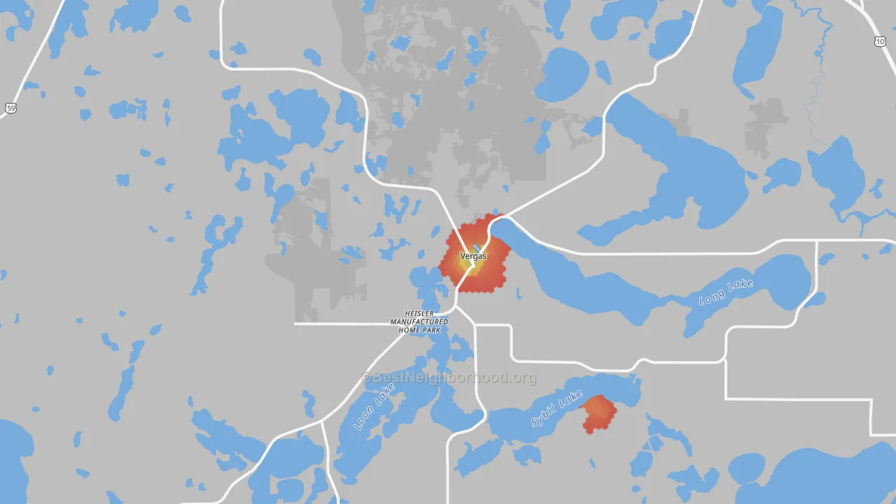Walk Grade map of Vergas, MN, walkable areas in green and car-dependent areas in red