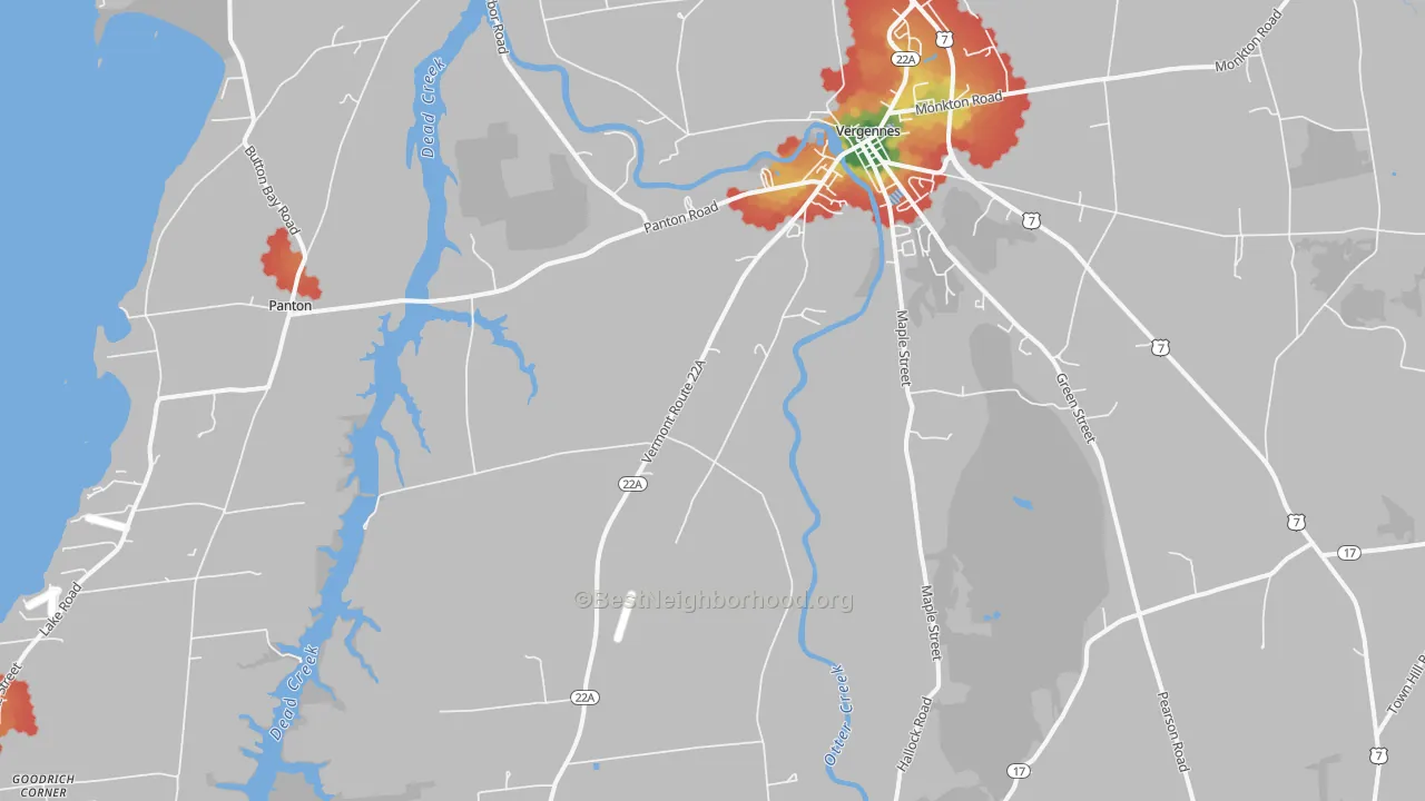 Walk Grade map of Vergennes, VT, walkable areas in green and car-dependent areas in red