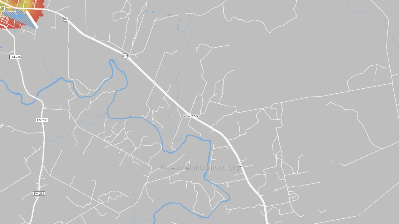 Walk Grade map of Verhelle, TX, walkable areas in green and car-dependent areas in red
