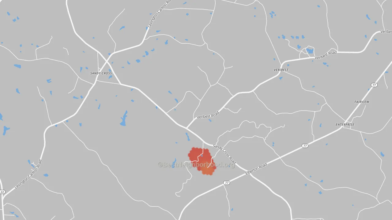 Walk Grade map of Veribest, GA, walkable areas in green and car-dependent areas in red