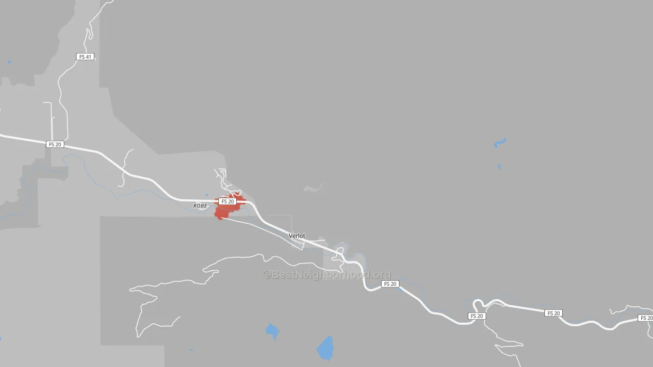 Walk Grade map of Verlot, WA, walkable areas in green and car-dependent areas in red