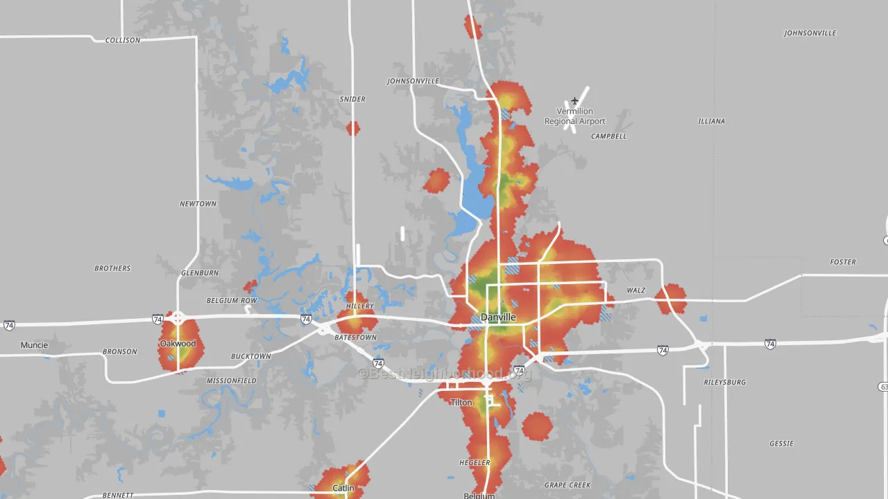 Walk Grade map of Vermilion County, IL, walkable areas in green and car-dependent areas in red