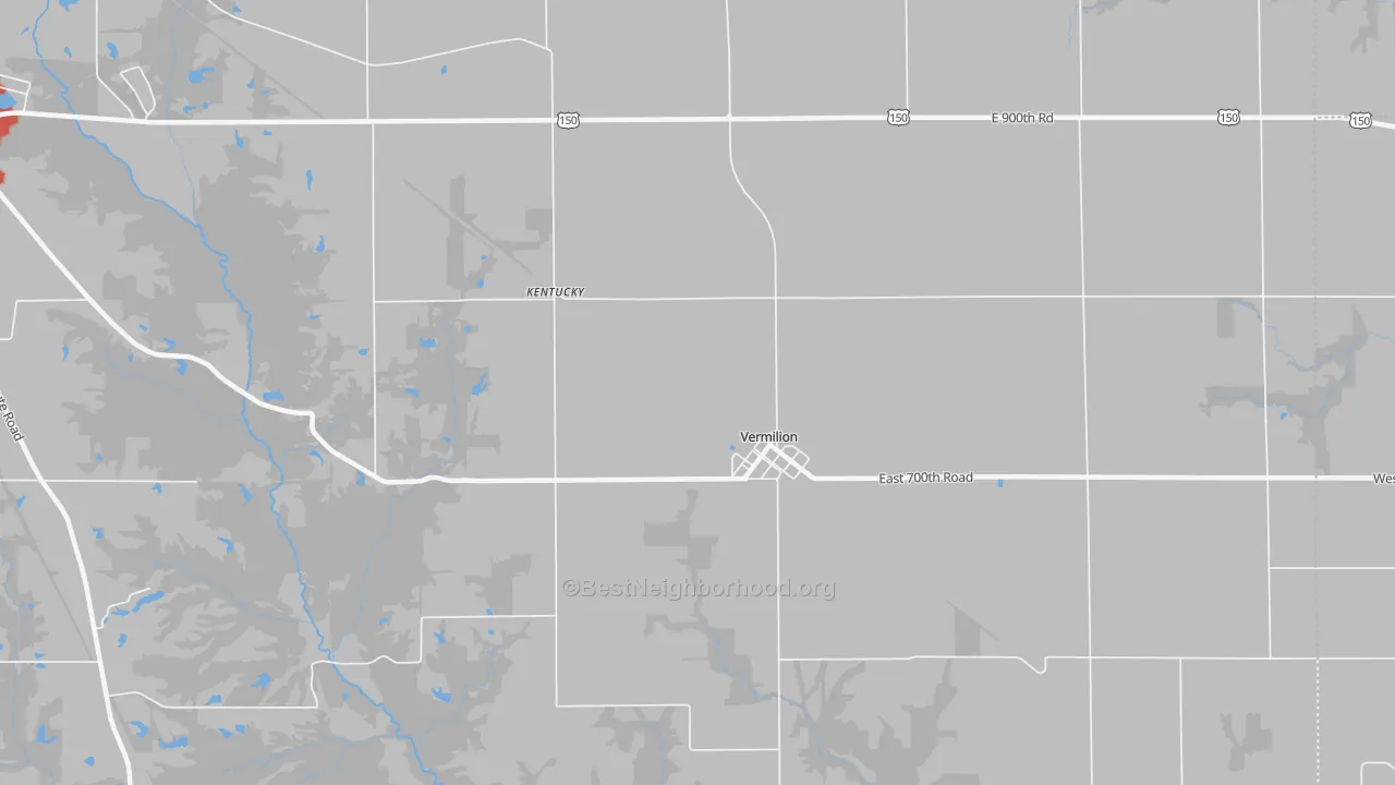 Walk Grade map of Vermilion, IL, walkable areas in green and car-dependent areas in red