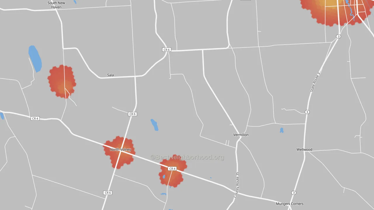 Walk Grade map of Vermilion, NY, walkable areas in green and car-dependent areas in red