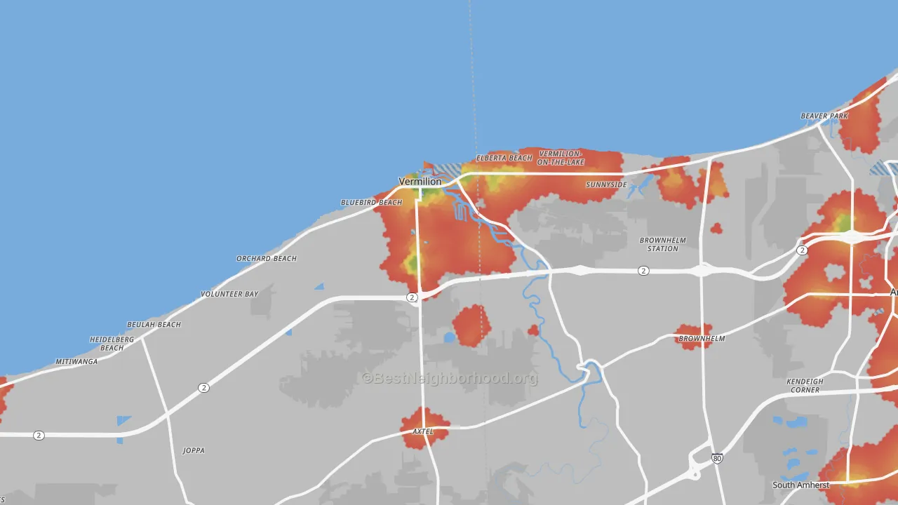 Walk Grade map of Vermilion, OH, walkable areas in green and car-dependent areas in red
