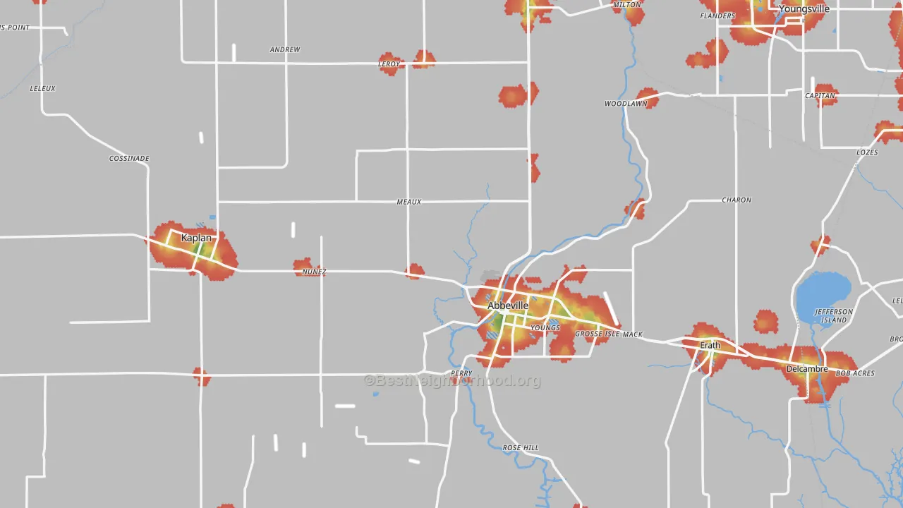 Walk Grade map of Vermilion Parish, LA, walkable areas in green and car-dependent areas in red