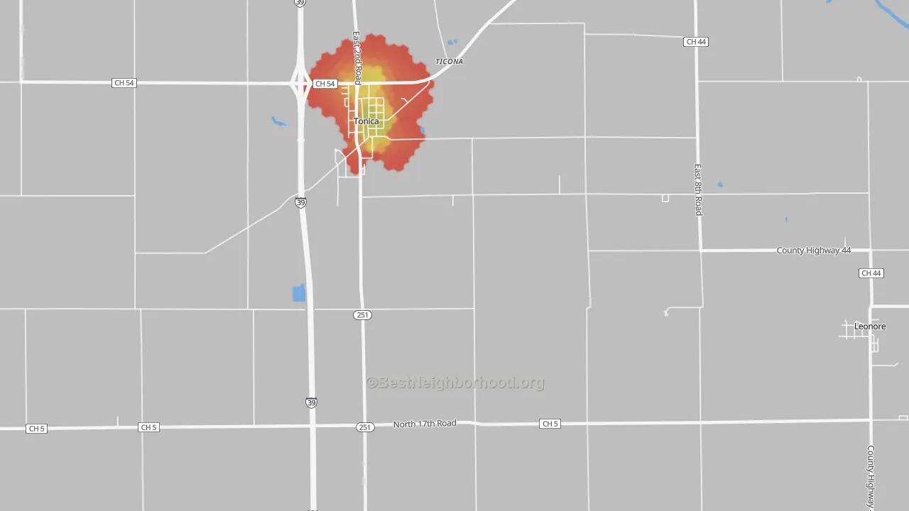 Walk Grade map of Vermilionville, IL, walkable areas in green and car-dependent areas in red