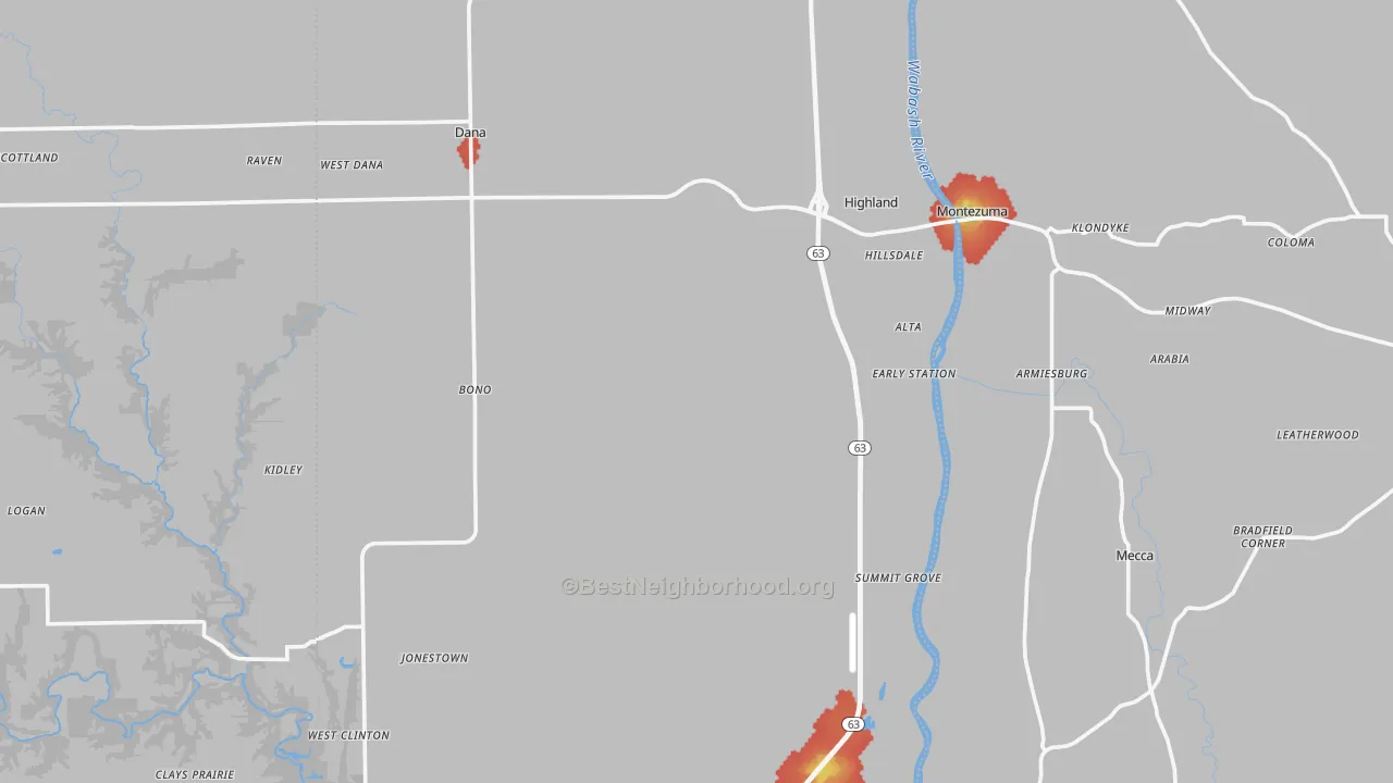 Walk Grade map of Vermillion County, IN, walkable areas in green and car-dependent areas in red