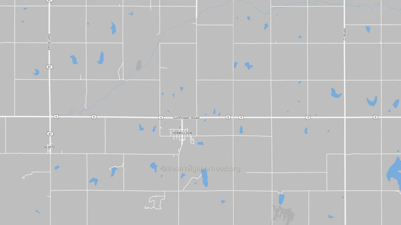Walk Grade map of Vermillion, KS, walkable areas in green and car-dependent areas in red