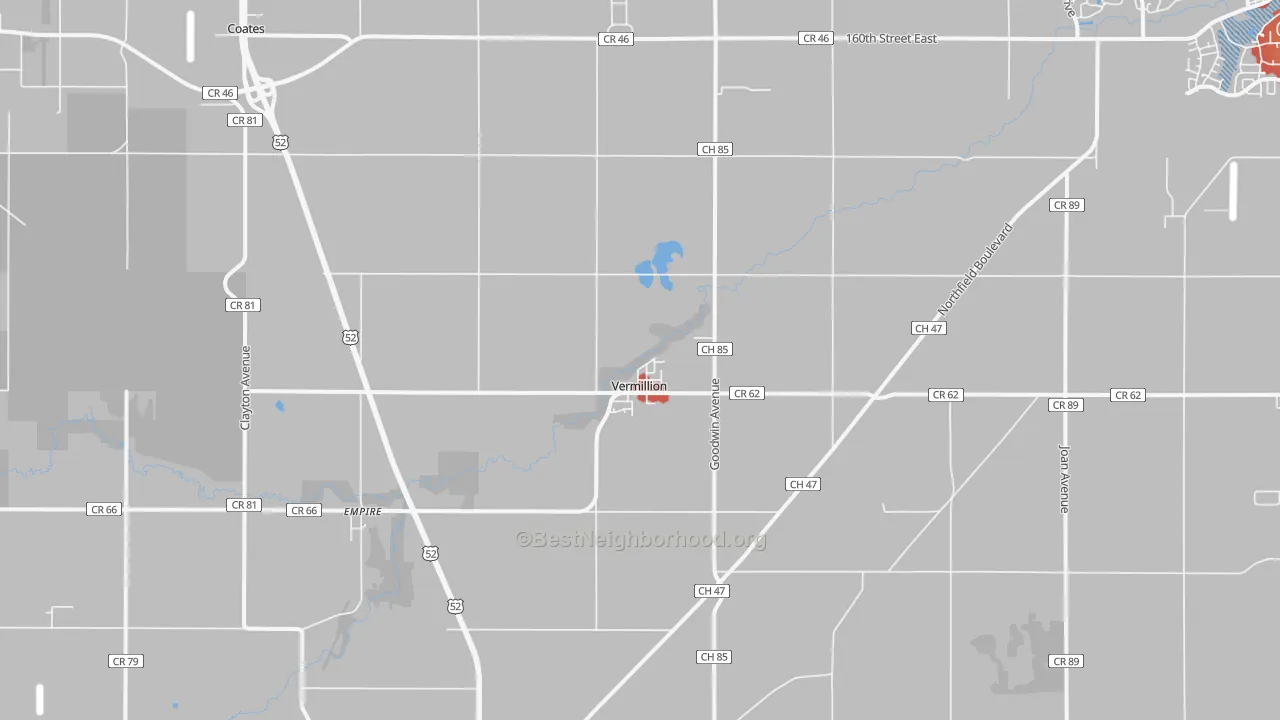 Walk Grade map of Vermillion, MN, walkable areas in green and car-dependent areas in red