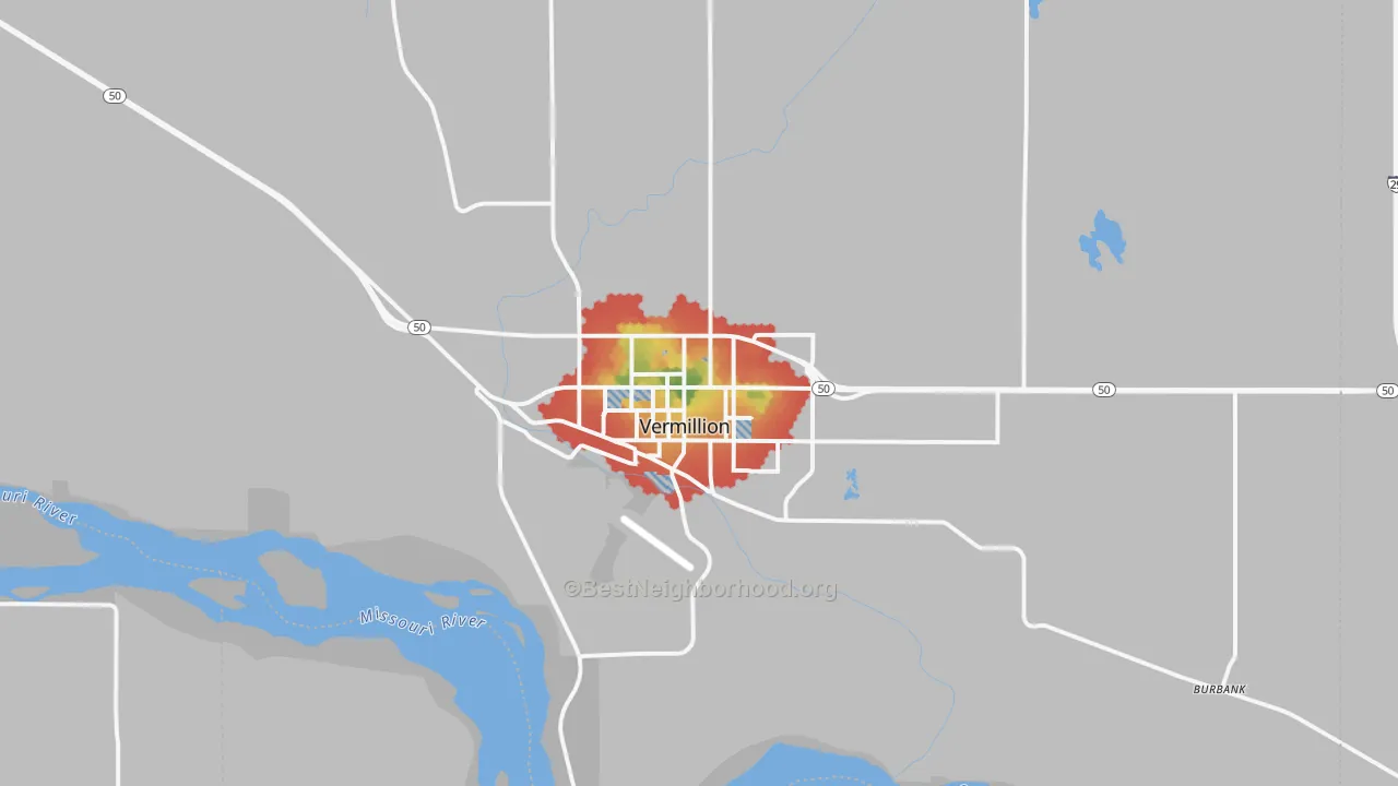 Walk Grade map of Vermillion, SD, walkable areas in green and car-dependent areas in red