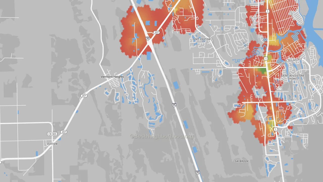Walk Grade map of Vermont Heights, FL, walkable areas in green and car-dependent areas in red