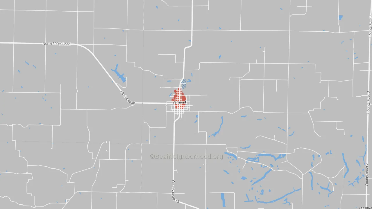 Walk Grade map of Vermont, IL, walkable areas in green and car-dependent areas in red