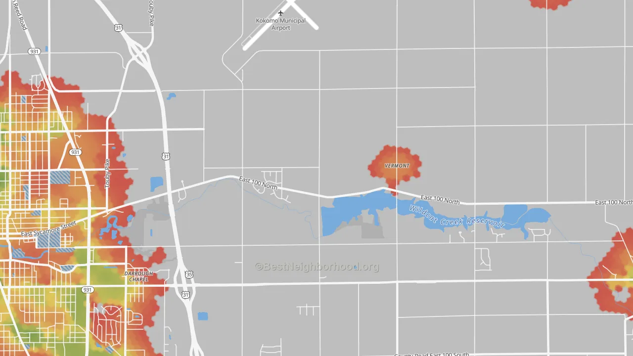 Walk Grade map of Vermont, IN, walkable areas in green and car-dependent areas in red
