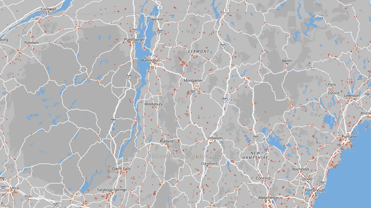 Walk Grade map of Vermont, walkable areas in green and car-dependent areas in red