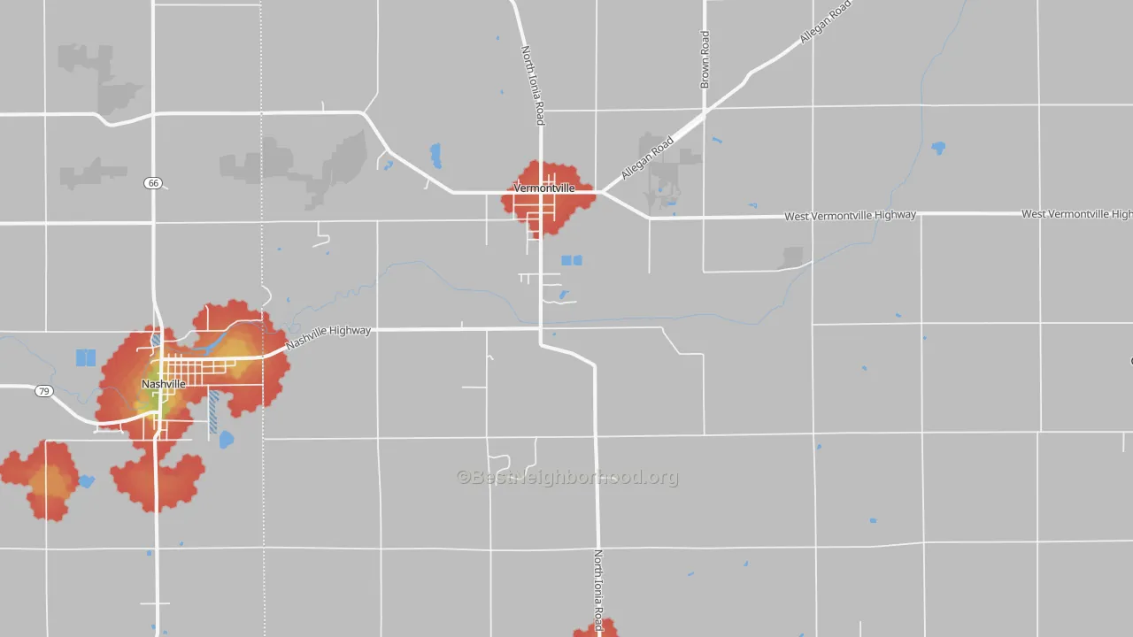 Walk Grade map of Vermontville, MI, walkable areas in green and car-dependent areas in red