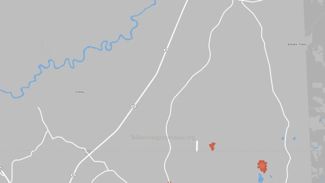 Walk Grade map of Vernal, MS, walkable areas in green and car-dependent areas in red