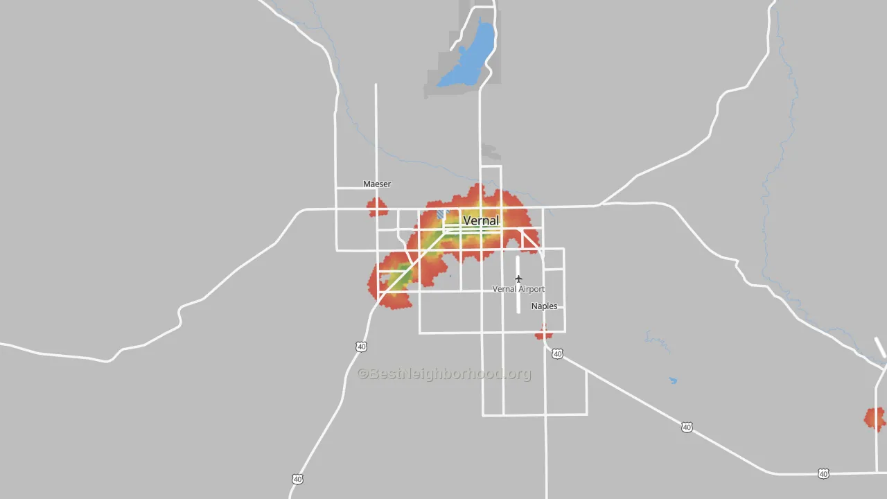 Walk Grade map of Vernal, UT, walkable areas in green and car-dependent areas in red