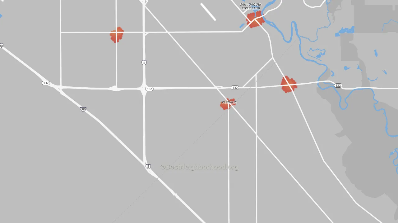 Walk Grade map of Vernalis, CA, walkable areas in green and car-dependent areas in red