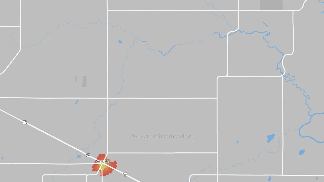 Walk Grade map of Verndale, MN, walkable areas in green and car-dependent areas in red
