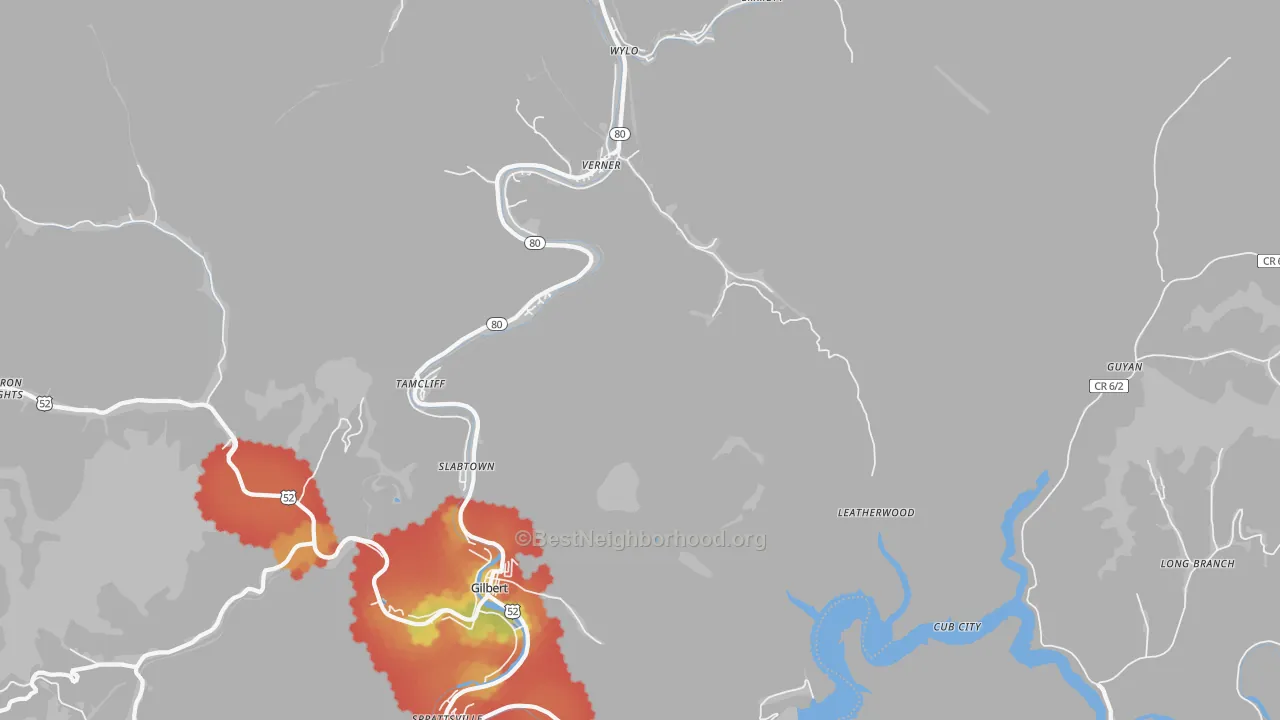 Walk Grade map of Verner, WV, walkable areas in green and car-dependent areas in red