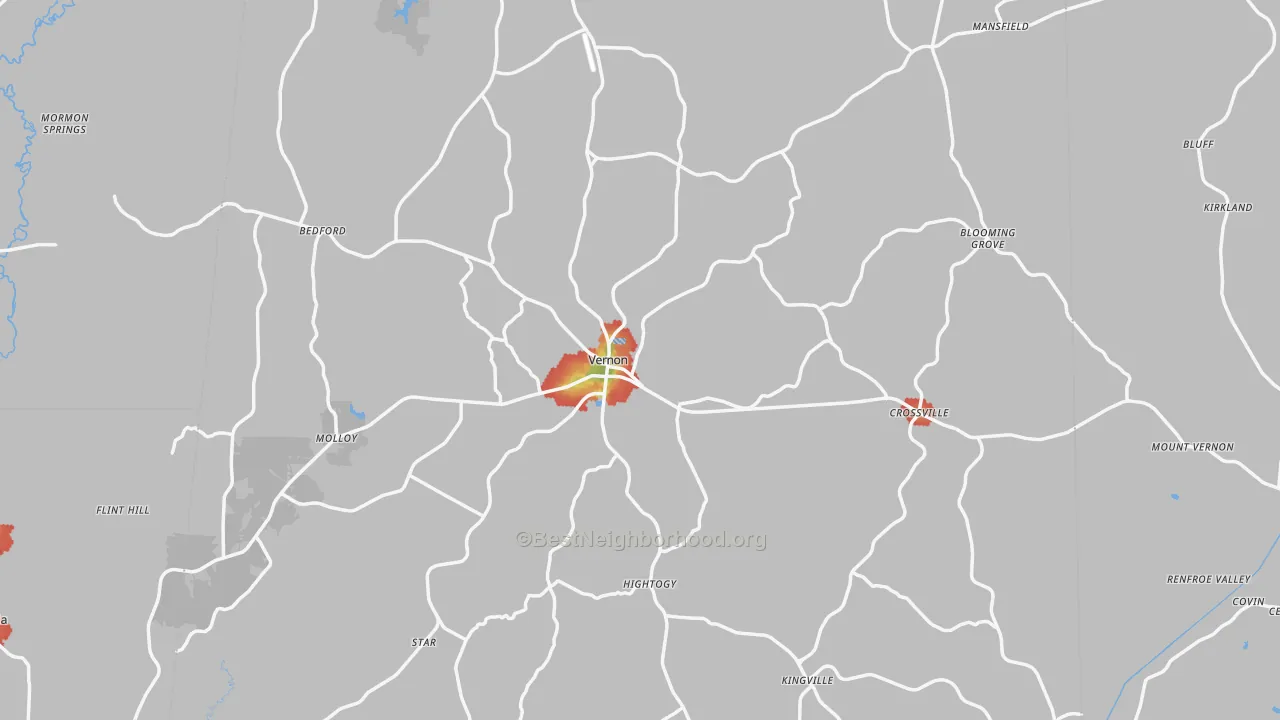 Walk Grade map of Vernon, AL, walkable areas in green and car-dependent areas in red