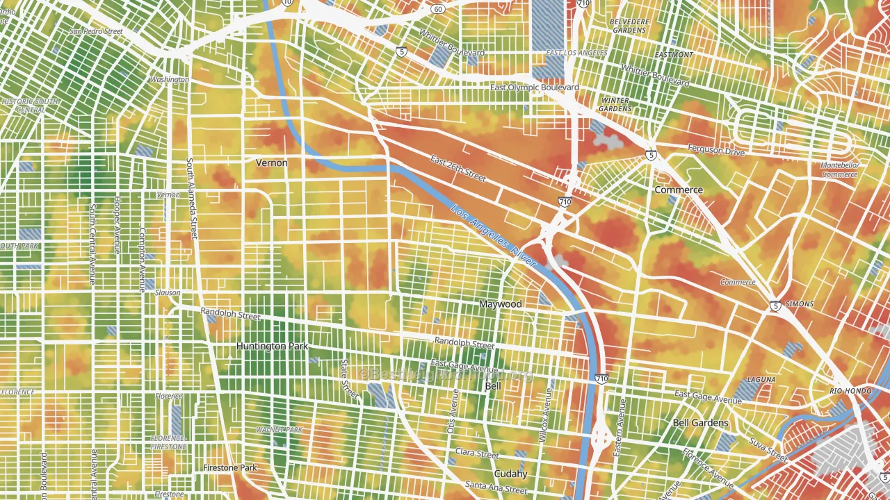 Walk Grade map of Vernon, CA, walkable areas in green and car-dependent areas in red