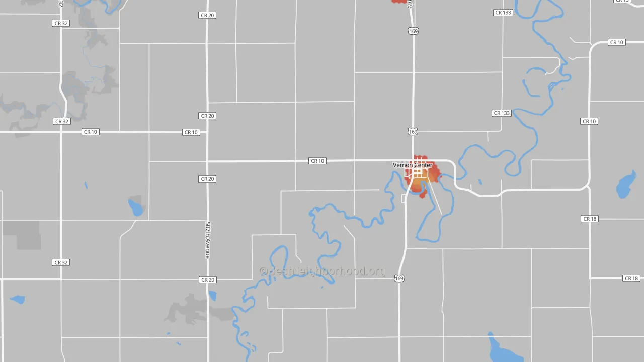 Walk Grade map of Vernon Center, MN, walkable areas in green and car-dependent areas in red