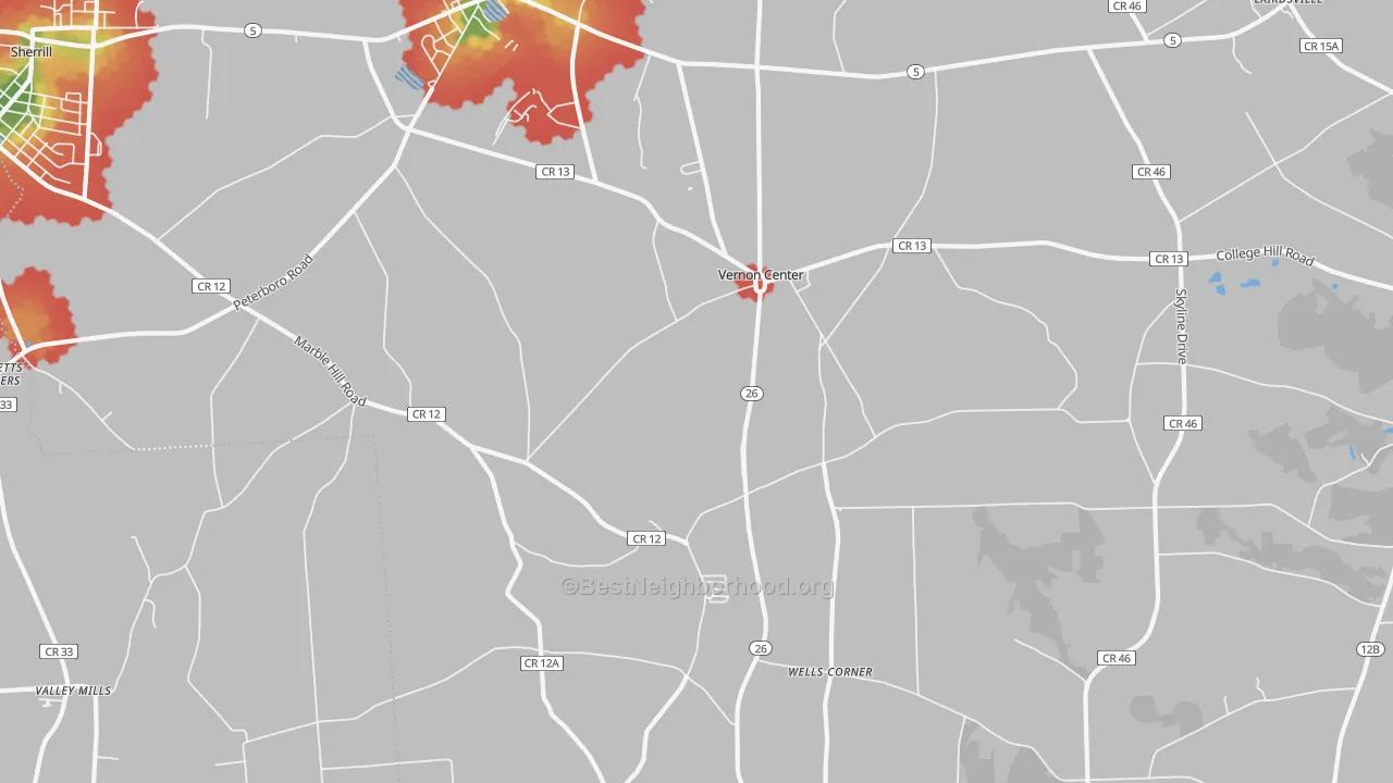 Walk Grade map of Vernon Center, NY, walkable areas in green and car-dependent areas in red