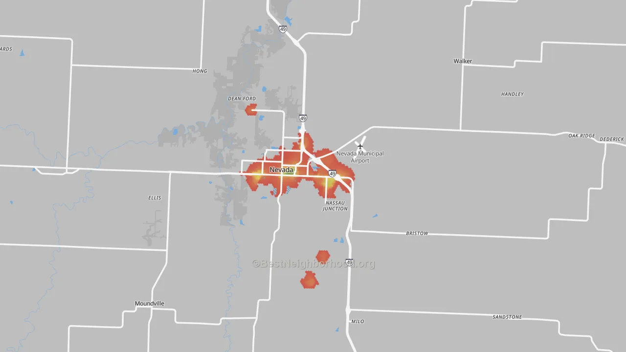 Walk Grade map of Vernon County, MO, walkable areas in green and car-dependent areas in red