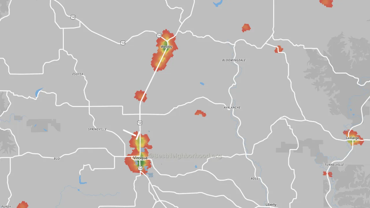 Walk Grade map of Vernon County, WI, walkable areas in green and car-dependent areas in red