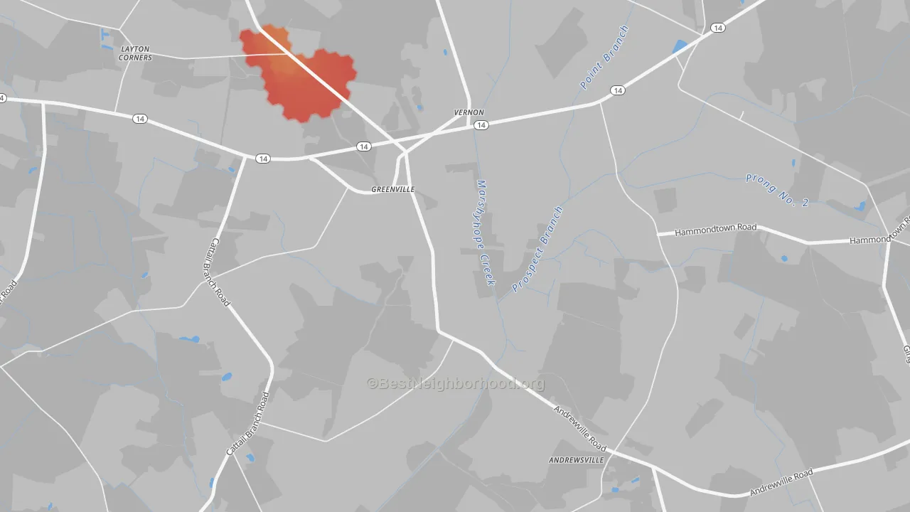 Walk Grade map of Vernon, DE, walkable areas in green and car-dependent areas in red